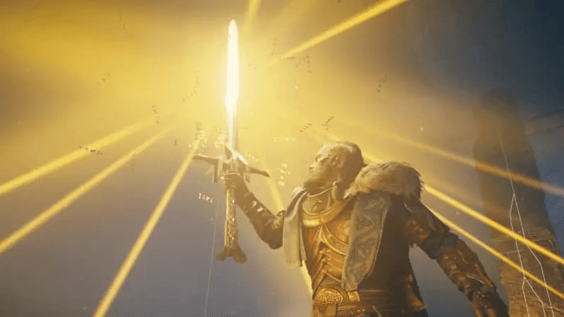 Eivor pulls the Excalibur sword