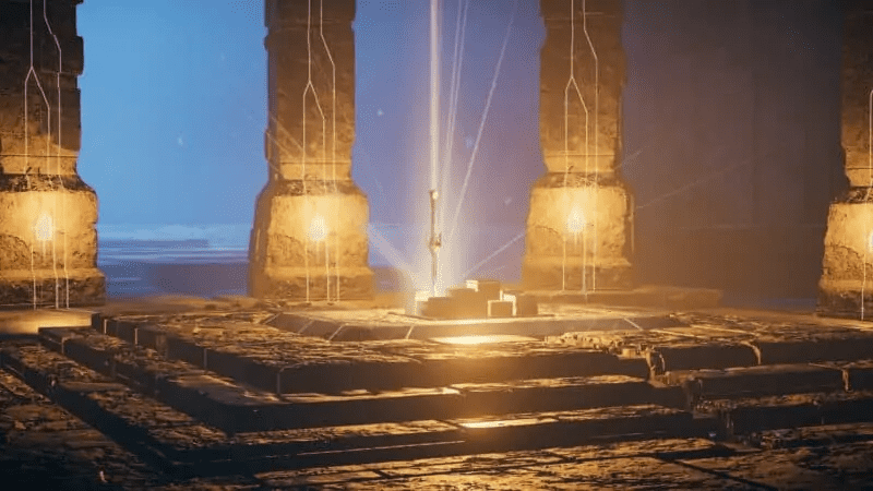 Beam shining down on the Excalibur sword