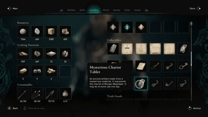 The Mysterious Chariot Tablet in the inventory menu