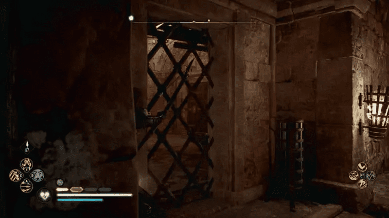 Shooting the barred door to unlock it.