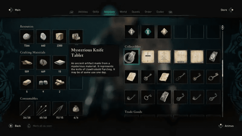Mysterious Knife Tablet in the Inventory Menu