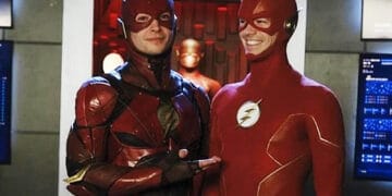 The Flash (Ezra Miller, right) meets The Flash (Grant Gustin). Images: DC Entertainment/Warner Bros./The CW Network