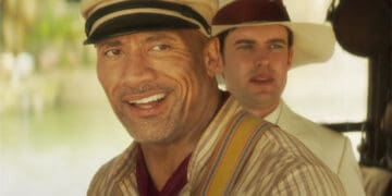 Dwayne 'The Rock' Johnson and Jack Whitehall in Jungle Cruise. (Image: Disney)
