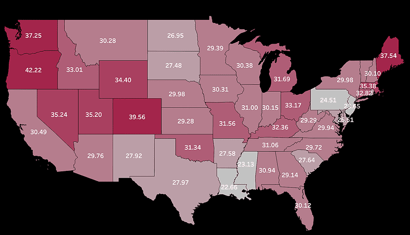 A heat map showing the average number of "cancel Netflix" searches per 100K population of each state. A higher number means people in the state are more likely to cancel Netflix.