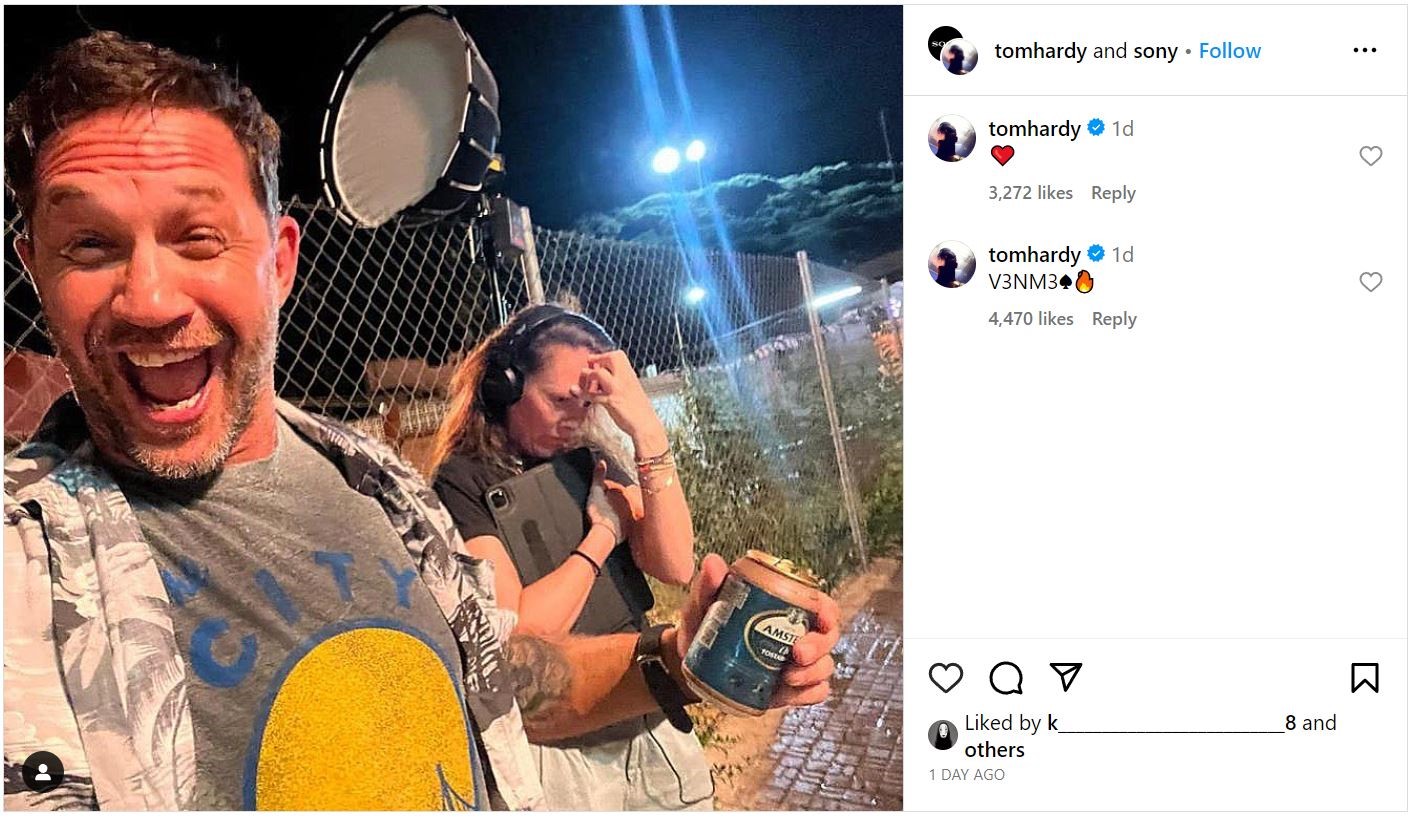 Tom Hardy shares a photo of himself with director Kelly Marcel on the set of Venom 3.