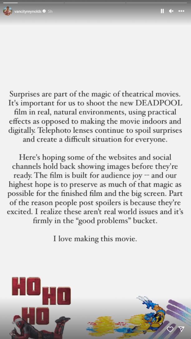 Reynold explained that filming had to be outdoors for Deadpool 3.