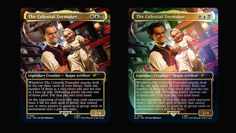 The Doctor Who: Regeneration Secret Lair Drop is available in non-foil and foil variants. But Neil Patrick Harris looks a little more wrinkly as The Celestial Toymaker on the card art, though.