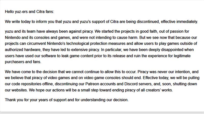 Tropic Haze, twórcy emulatora Yuzu Nintendo Switch, wydali oświadczenie w odpowiedzi na ugodę. Zespół potwierdził, że nie wspiera piractwa i wyraził rozczarowanie faktem, że Yuzu był używany do ujawniania najnowszych tytułów i oprogramowania.
