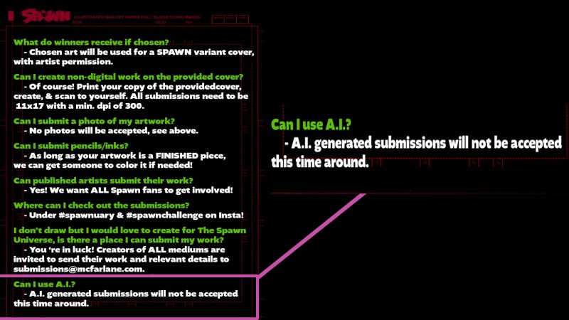 The rules set for the "Spawnuary" art contest hosted by Todd McFarlane and his team specified that A.I. submissions would not be accepted. That an AI-generated image was allegedly one of the winners is the main sticking point for fans who actually worked on their art submissions.